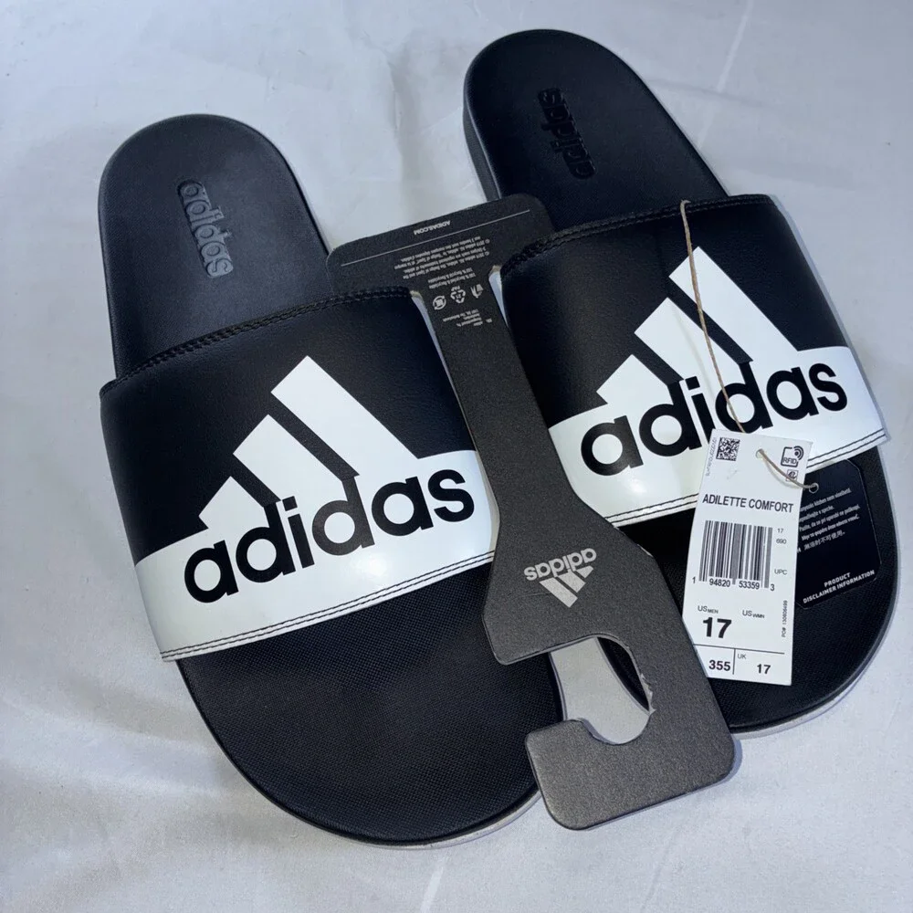 Adidas Adilette Comfort Slides Black And White Men’s Size 17 NWT